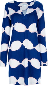 'Reina' Tunic Dress - style: tunic; length: mid thigh; neckline: v-neck; fit: loose; predominant colour: royal blue; occasions: casual; fibres: silk - 100%; sleeve length: long sleeve; sleeve style: standard; texture group: structured shiny - satin/tafetta/silk etc.; pattern type: fabric; pattern size: big & busy; pattern: patterned/print