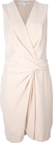 Wrap Dress - style: faux wrap/wrap; neckline: v-neck; fit: tailored/fitted; pattern: plain; sleeve style: sleeveless; waist detail: twist front waist detail/nipped in at waist on one side/soft pleats/draping/ruching/gathering waist detail; predominant colour: ivory; occasions: work, occasion; length: just above the knee; fibres: viscose/rayon - stretch; sleeve length: sleeveless; texture group: crepes; pattern type: fabric