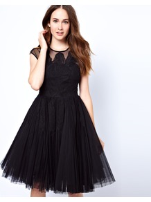 Feather Applique Evening Dress - length: below the knee; sleeve style: capped; pattern: plain; bust detail: added detail/embellishment at bust; waist detail: fitted waist; shoulder detail: contrast pattern/fabric at shoulder; predominant colour: black; occasions: evening, occasion; fit: fitted at waist & bust; style: fit & flare; fibres: polyester/polyamide - 100%; neckline: crew; hip detail: structured pleats at hip; sleeve length: short sleeve; texture group: sheer fabrics/chiffon/organza etc.; trends: volume; pattern type: fabric; pattern size: standard; embellishment: embroidered