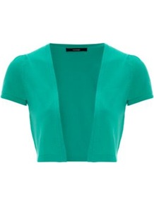 Short Sleeve Cropped Cardigan Jade - pattern: plain; style: bolero/shrug; length: cropped; neckline: collarless open; predominant colour: emerald green; occasions: casual, work, occasion; fibres: cotton - mix; fit: slim fit; sleeve length: short sleeve; sleeve style: standard; texture group: knits/crochet; pattern type: knitted - fine stitch; pattern size: standard