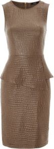 Animal Print Peplum Dress Chocolate - style: shift; neckline: round neck; fit: tailored/fitted; sleeve style: sleeveless; waist detail: peplum waist detail; predominant colour: chocolate brown; occasions: evening, work, occasion; length: just above the knee; fibres: viscose/rayon - 100%; sleeve length: sleeveless; texture group: leather; trends: glamorous day shifts; hip detail: ruffles/tiers/tie detail at hip; pattern type: fabric; pattern size: small & busy; pattern: animal print