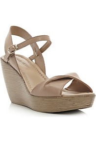 Gessica Twisted Vamp Wedge Sandal - predominant colour: tan; occasions: casual, evening, work, holiday; material: faux leather; heel height: high; ankle detail: ankle strap; heel: wedge; toe: open toe/peeptoe; style: standard; finish: plain; pattern: plain