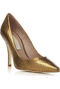 Amana Metallic Pointed Toe Court Shoe - predominant colour: bronze; occasions: evening, occasion; material: leather; heel height: high; heel: stiletto; toe: pointed toe; style: courts; finish: metallic; pattern: plain