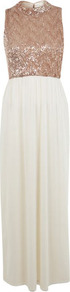 Crushed Sequin Maxi Dress - neckline: high square neck; sleeve style: sleeveless; style: maxi dress; bust detail: added detail/embellishment at bust; back detail: low cut/open back; predominant colour: bronze; occasions: evening, occasion; length: floor length; fit: body skimming; fibres: polyester/polyamide - 100%; sleeve length: sleeveless; texture group: sheer fabrics/chiffon/organza etc.; trends: metallics; pattern type: fabric; pattern size: small & busy; embellishment: sequins