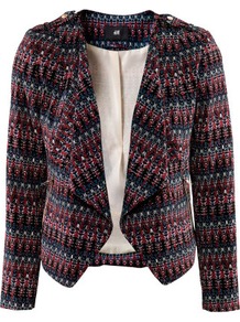 Jacket - style: single breasted blazer; collar: shawl/waterfall; occasions: casual, work; length: standard; fit: tailored/fitted; fibres: polyester/polyamide - stretch; shoulder detail: discreet epaulette; predominant colour: multicoloured; sleeve length: long sleeve; sleeve style: standard; trends: statement prints; collar break: low/open; pattern type: fabric; pattern size: small & busy; pattern: patterned/print; texture group: other - light to midweight