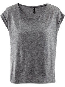 Top - neckline: round neck; sleeve style: capped; pattern: plain; style: t-shirt; predominant colour: charcoal; occasions: casual, work; length: standard; fibres: polyester/polyamide - 100%; fit: loose; sleeve length: short sleeve; pattern type: fabric; pattern size: standard; texture group: jersey - stretchy/drapey