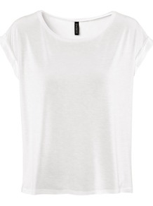 Top - neckline: round neck; sleeve style: capped; pattern: plain; style: t-shirt; predominant colour: white; occasions: casual, work; length: standard; fibres: polyester/polyamide - 100%; fit: loose; sleeve length: short sleeve; pattern type: fabric; pattern size: standard; texture group: jersey - stretchy/drapey