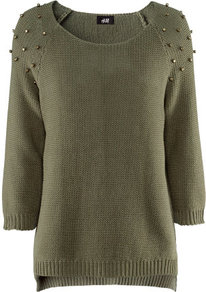 Jumper - neckline: round neck; pattern: plain; style: standard; predominant colour: khaki; occasions: casual, evening, work; length: standard; fibres: cotton - mix; fit: standard fit; shoulder detail: added shoulder detail; back detail: longer hem at back than at front; sleeve length: 3/4 length; sleeve style: standard; texture group: knits/crochet; pattern type: knitted - fine stitch; pattern size: small & light
