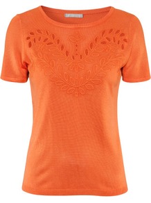 Jumper - neckline: round neck; pattern: plain; style: standard; predominant colour: bright orange; occasions: casual, work; length: standard; fibres: silk - mix; fit: standard fit; sleeve length: short sleeve; sleeve style: standard; pattern type: knitted - fine stitch; pattern size: small & light; texture group: jersey - stretchy/drapey; embellishment: embroidered