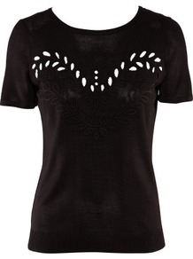 Jumper - neckline: round neck; style: standard; predominant colour: black; occasions: casual, evening, work; length: standard; fibres: silk - mix; fit: standard fit; bust detail: contrast pattern/fabric/detail at bust; sleeve length: short sleeve; sleeve style: standard; pattern type: knitted - fine stitch; pattern size: small & light; texture group: jersey - stretchy/drapey; embellishment: embroidered