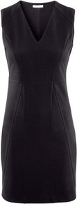 Dress - style: shift; length: mid thigh; neckline: low v-neck; fit: tailored/fitted; pattern: plain; sleeve style: sleeveless; waist detail: fitted waist; hip detail: fitted at hip; predominant colour: black; occasions: casual, evening; fibres: viscose/rayon - stretch; sleeve length: sleeveless; trends: glamorous day shifts; pattern type: fabric; pattern size: standard; texture group: jersey - stretchy/drapey