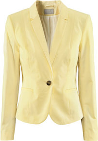 Jacket - pattern: plain; style: single breasted blazer; collar: standard lapel/rever collar; predominant colour: primrose yellow; occasions: casual, work, occasion; length: standard; fit: tailored/fitted; fibres: cotton - stretch; waist detail: fitted waist; sleeve length: long sleeve; sleeve style: standard; collar break: medium; pattern type: fabric; texture group: woven light midweight
