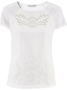 Top - neckline: round neck; bust detail: added detail/embellishment at bust; style: t-shirt; predominant colour: white; occasions: casual; length: standard; fibres: polyester/polyamide - 100%; fit: body skimming; sleeve length: short sleeve; sleeve style: standard; pattern type: fabric; pattern size: standard; texture group: jersey - stretchy/drapey; embellishment: embroidered