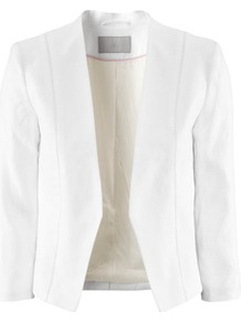Jacket - pattern: plain; style: single breasted blazer; collar: standard lapel/rever collar; predominant colour: white; occasions: casual, evening, work, occasion; length: standard; fit: tailored/fitted; fibres: linen - 100%; sleeve length: 3/4 length; sleeve style: standard; collar break: low/open; pattern type: fabric; pattern size: standard; texture group: woven light midweight