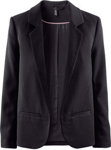 Jacket - pattern: plain; style: single breasted blazer; collar: standard lapel/rever collar; predominant colour: black; occasions: casual, evening, work, occasion; length: standard; fit: straight cut (boxy); fibres: polyester/polyamide - stretch; sleeve length: long sleeve; sleeve style: standard; trends: tuxedo; collar break: low/open; pattern type: fabric; pattern size: standard; texture group: woven light midweight