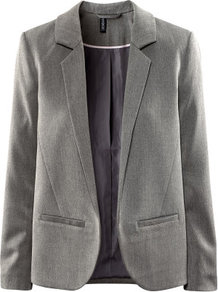 Jacket - pattern: plain; style: single breasted blazer; collar: standard lapel/rever collar; predominant colour: mid grey; occasions: casual, work; length: standard; fit: straight cut (boxy); fibres: polyester/polyamide - mix; sleeve length: long sleeve; sleeve style: standard; collar break: low/open; pattern type: fabric; pattern size: standard; texture group: woven light midweight