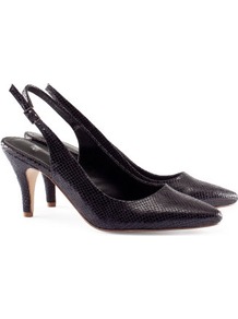 Slingbacks - predominant colour: black; occasions: evening, work, occasion; material: faux leather; heel height: high; ankle detail: ankle strap; heel: stiletto; toe: pointed toe; style: slingbacks; finish: patent; pattern: animal print