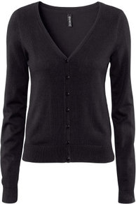 Cardigan - neckline: low v-neck; pattern: plain; bust detail: buttons at bust (in middle at breastbone)/zip detail at bust; predominant colour: black; occasions: casual, work; length: standard; style: standard; fibres: cotton - mix; fit: standard fit; sleeve length: long sleeve; sleeve style: standard; texture group: knits/crochet; pattern type: knitted - fine stitch; pattern size: standard