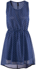 Dress - style: shift; length: mid thigh; neckline: round neck; fit: fitted at waist; sleeve style: sleeveless; waist detail: elasticated waist; pattern: polka dot; predominant colour: navy; occasions: casual, evening, work, holiday; fibres: polyester/polyamide - 100%; sleeve length: sleeveless; texture group: sheer fabrics/chiffon/organza etc.; pattern type: fabric; pattern size: small & light