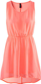 Dress - style: shift; neckline: round neck; fit: fitted at waist; pattern: plain; sleeve style: sleeveless; waist detail: elasticated waist; predominant colour: coral; occasions: casual, evening, holiday; length: just above the knee; fibres: polyester/polyamide - 100%; sleeve length: sleeveless; texture group: sheer fabrics/chiffon/organza etc.; pattern type: fabric