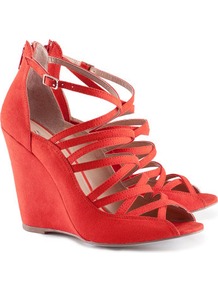 Sandals - predominant colour: true red; occasions: evening, occasion; material: fabric; heel height: high; ankle detail: ankle strap; heel: wedge; toe: open toe/peeptoe; style: strappy; finish: plain; pattern: plain