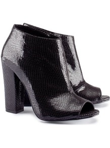 Boots - predominant colour: black; occasions: casual, evening, work; material: faux leather; heel height: high; embellishment: zips; heel: block; toe: open toe/peeptoe; boot length: shoe boot; style: standard; finish: metallic; pattern: animal print