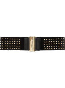 Belt - predominant colour: black; occasions: casual, evening, work; type of pattern: small; style: elasticated; size: wide; worn on: waist; material: fabric; embellishment: studs; pattern: plain; finish: plain