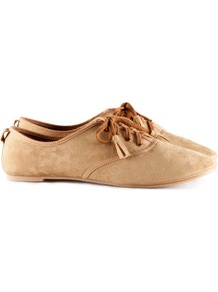 Shoes - predominant colour: camel; occasions: casual, work; material: fabric; heel height: flat; embellishment: tassels; toe: round toe; style: brogues; finish: plain; pattern: plain