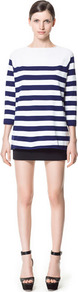 Wide Stripe Sweater - neckline: slash/boat neckline; pattern: horizontal stripes; style: standard; predominant colour: navy; occasions: casual, work; length: standard; fibres: cotton - mix; fit: standard fit; back detail: longer hem at back than at front; sleeve length: 3/4 length; sleeve style: standard; texture group: knits/crochet; pattern type: fabric; pattern size: standard