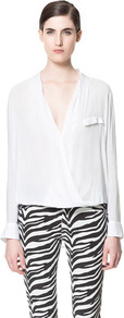 Draped Viscose Blouse - neckline: low v-neck; pattern: plain; style: blouse; predominant colour: ivory; occasions: casual, evening, work; length: standard; fibres: polyester/polyamide - 100%; fit: loose; back detail: longer hem at back than at front; sleeve length: long sleeve; sleeve style: standard; texture group: sheer fabrics/chiffon/organza etc.; pattern type: fabric; pattern size: standard