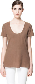 Basic Cotton T Shirt - pattern: plain; length: below the bottom; style: t-shirt; predominant colour: tan; occasions: casual; neckline: scoop; fibres: cotton - 100%; fit: body skimming; back detail: longer hem at back than at front; sleeve length: short sleeve; sleeve style: standard; pattern type: fabric; pattern size: standard; texture group: jersey - stretchy/drapey