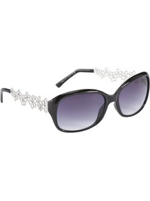 Oval Flower Sunglasses - predominant colour: black; occasions: casual, evening, occasion, holiday; style: square; size: standard; material: plastic/rubber; embellishment: crystals; pattern: two-tone; trends: metallics; finish: metallic