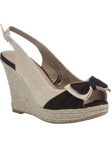 Bow Wedge Sandals - predominant colour: stone; occasions: casual, evening, holiday; material: macrame/raffia/straw; heel height: high; heel: wedge; toe: open toe/peeptoe; style: slingbacks; finish: plain; pattern: colourblock; embellishment: bow