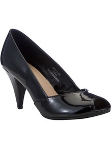 Patent Peep Toe Court Shoes - predominant colour: black; occasions: evening, work, occasion; material: faux leather; heel height: mid; heel: cone; toe: open toe/peeptoe; style: courts; finish: patent; pattern: plain