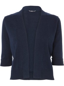 Navy Half Sleeve Viscose Cotton Edge To Edge Cardi - pattern: plain; neckline: collarless open; style: open front; predominant colour: navy; occasions: casual, work; length: standard; fibres: cotton - mix; fit: standard fit; sleeve length: 3/4 length; sleeve style: standard; texture group: knits/crochet; pattern type: knitted - fine stitch; pattern size: standard
