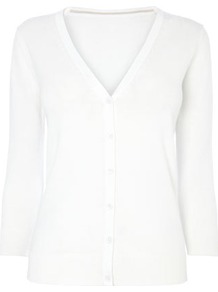 White Cotton Rich V Neck Cardigan - neckline: v-neck; pattern: plain; predominant colour: white; occasions: casual; length: standard; style: standard; fibres: cotton - mix; fit: standard fit; sleeve length: long sleeve; sleeve style: standard; texture group: knits/crochet; pattern type: knitted - fine stitch