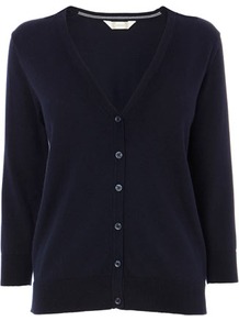 Navy Cotton Rich V Neck Cardigan - neckline: v-neck; pattern: plain; predominant colour: navy; occasions: casual; length: standard; style: standard; fibres: cotton - mix; fit: standard fit; sleeve length: long sleeve; sleeve style: standard; texture group: knits/crochet; pattern type: knitted - fine stitch; pattern size: standard