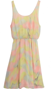 Louise Blouson Tank Dress With Gathered Skirt - sleeve style: sleeveless; waist detail: fitted waist; style: vest; predominant colour: primrose yellow; occasions: casual; length: just above the knee; fit: body skimming; neckline: scoop; fibres: polyester/polyamide - 100%; sleeve length: sleeveless; texture group: sheer fabrics/chiffon/organza etc.; pattern type: fabric; pattern size: standard; pattern: patterned/print