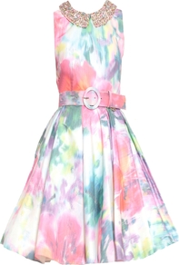 Lollie Pleated Skirt Embellished Dress - sleeve style: sleeveless; style: full skirt; bust detail: added detail/embellishment at bust; waist detail: belted waist/tie at waist/drawstring; predominant colour: pink; occasions: evening, occasion; length: just above the knee; fit: fitted at waist & bust; fibres: polyester/polyamide - 100%; neckline: no opening/shirt collar/peter pan; sleeve length: sleeveless; texture group: silky - light; pattern type: fabric; pattern size: standard; pattern: patterned/print; embellishment: beading