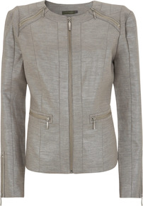 Khaki Zip Shoulder Jacket - pattern: plain; style: biker; collar: round collar/collarless; predominant colour: khaki; occasions: casual, evening; length: standard; fit: tailored/fitted; fibres: cotton - mix; sleeve length: long sleeve; sleeve style: standard; collar break: medium; pattern type: fabric; pattern size: standard; texture group: woven light midweight