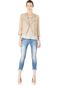 Ribbon Tweed Biker - pattern: plain; style: biker; length: cropped; collar: standard lapel/rever collar; predominant colour: camel; occasions: casual, evening, work, occasion; fit: tailored/fitted; fibres: acrylic - mix; sleeve length: 3/4 length; sleeve style: standard; trends: metallics; collar break: medium; pattern type: fabric; pattern size: standard; texture group: tweed - bulky/heavy