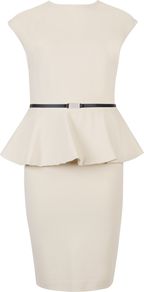 Women's Cammii Peplum Waist Dress, Cream - style: shift; sleeve style: capped; fit: tailored/fitted; pattern: plain; hip detail: fitted at hip; waist detail: peplum waist detail; predominant colour: ivory; occasions: evening, occasion; length: just above the knee; fibres: viscose/rayon - stretch; neckline: crew; sleeve length: short sleeve; pattern type: fabric; pattern size: standard; texture group: suede