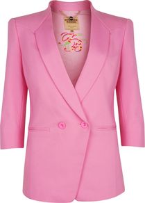 Meeda Double Breasted Blazer, Hot Pink - pattern: plain; style: double breasted blazer; collar: standard lapel/rever collar; predominant colour: pink; occasions: evening, work, occasion; length: standard; fit: tailored/fitted; sleeve length: 3/4 length; sleeve style: standard; texture group: cotton feel fabrics; collar break: medium; pattern type: fabric; pattern size: standard; fibres: nylon - stretch