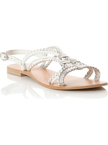 Juicy Multi Strp Leather Sandals, White - predominant colour: silver; occasions: casual, evening, work, holiday; material: leather; heel height: flat; ankle detail: ankle strap; heel: block; toe: open toe/peeptoe; style: strappy; trends: metallics; finish: metallic; pattern: plain; embellishment: pleated
