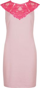 Women's Violina Lace Trim Dress, Pink - style: shift; pattern: plain; sleeve style: sleeveless; shoulder detail: contrast pattern/fabric at shoulder; back detail: contrast pattern/fabric at back; predominant colour: blush; occasions: casual, evening, occasion; length: just above the knee; fit: body skimming; fibres: polyester/polyamide - stretch; neckline: crew; bust detail: contrast pattern/fabric/detail at bust; sleeve length: sleeveless; texture group: lace; pattern type: fabric; pattern size: standard