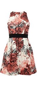 Women's Floral Cotton Dress, Multi Coloured - length: mid thigh; sleeve style: sleeveless; back detail: low cut/open back; predominant colour: terracotta; occasions: evening, occasion, holiday; fit: fitted at waist & bust; style: fit & flare; fibres: cotton - stretch; neckline: crew; hip detail: structured pleats at hip; waist detail: narrow waistband; sleeve length: sleeveless; trends: high impact florals, tuxedo; pattern type: fabric; pattern size: small & busy; pattern: florals; texture group: jersey - stretchy/drapey