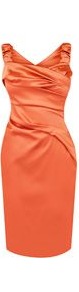 Women's Screen Style Mamma Mia Dress, Coral - style: shift; fit: tailored/fitted; pattern: plain; sleeve style: sleeveless; waist detail: twist front waist detail/nipped in at waist on one side/soft pleats/draping/ruching/gathering waist detail; bust detail: ruching/gathering/draping/layers/pintuck pleats at bust; predominant colour: coral; occasions: evening, occasion; length: just above the knee; fibres: polyester/polyamide - stretch; hip detail: soft pleats at hip/draping at hip/flared at hip; sleeve length: sleeveless; texture group: structured shiny - satin/tafetta/silk etc.; trends: fluorescent; neckline: low square neck; pattern type: fabric; pattern size: standard