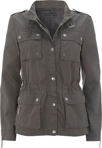 Khaki Waxed Biker Jacket, Green - pattern: plain; style: double breasted military jacket; collar: high neck; fit: slim fit; predominant colour: khaki; occasions: casual; length: standard; fibres: cotton - 100%; waist detail: belted waist/tie at waist/drawstring; sleeve length: long sleeve; sleeve style: standard; texture group: cotton feel fabrics; collar break: high; pattern type: fabric; pattern size: standard