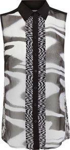 Women's Minimal Print Shirt, Black & White - neckline: shirt collar/peter pan/zip with opening; sleeve style: sleeveless; style: shirt; predominant colour: black; occasions: casual, evening, work; length: standard; fibres: silk - 100%; fit: straight cut; sleeve length: sleeveless; texture group: cotton feel fabrics; pattern type: fabric; pattern size: standard; pattern: patterned/print