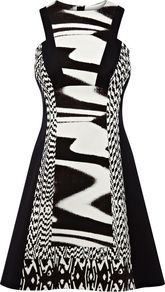 Women's Minimal Print Colourblock Dress, Black & White - length: mid thigh; sleeve style: sleeveless; waist detail: fitted waist; back detail: racer back/sports back; predominant colour: black; occasions: evening, occasion; fit: fitted at waist & bust; style: fit & flare; fibres: cotton - stretch; neckline: crew; sleeve length: sleeveless; trends: volume, modern geometrics; pattern type: fabric; pattern size: standard; pattern: patterned/print; texture group: jersey - stretchy/drapey